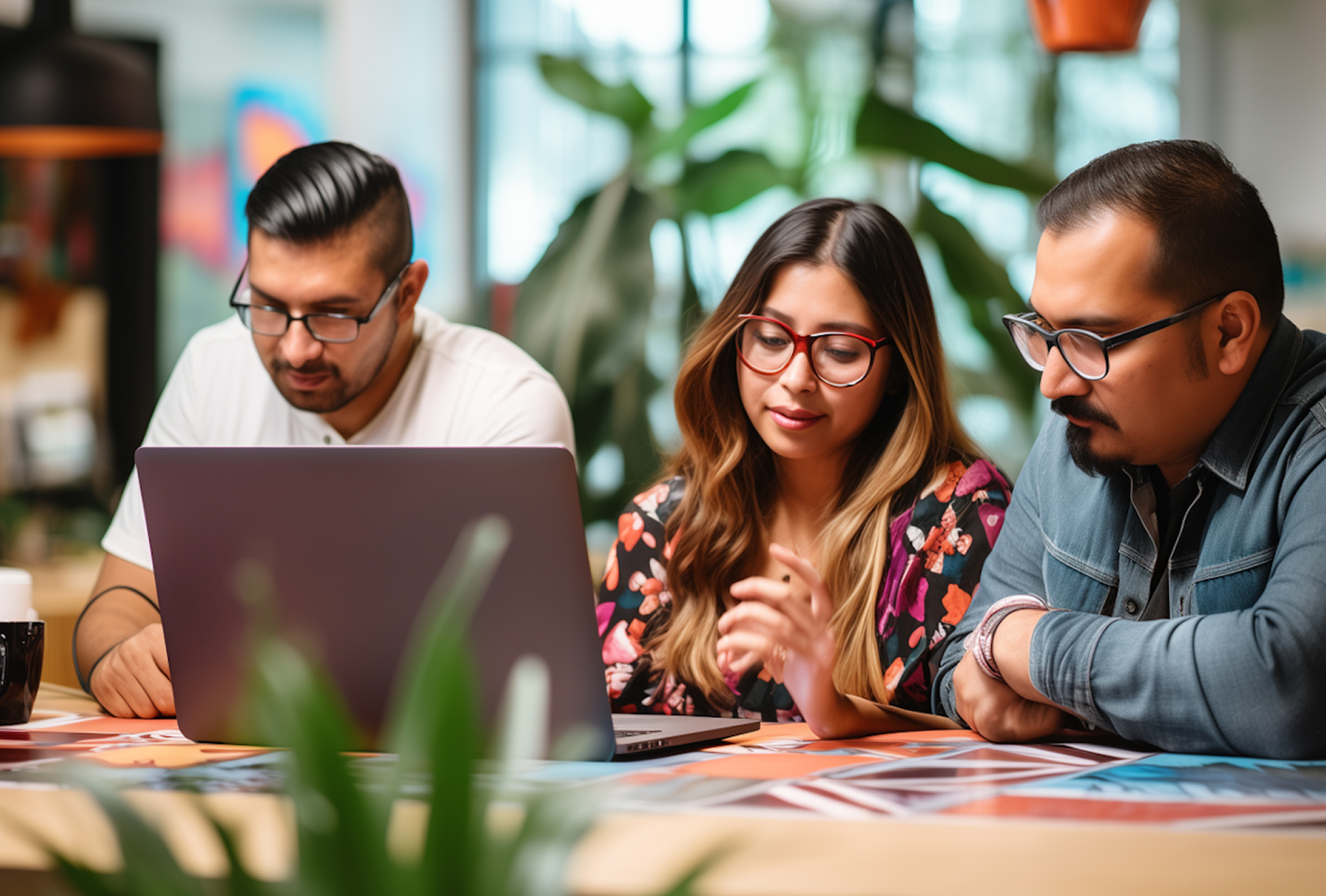A diverse group of people collaborating around a table, each using a laptop for discussion and teamwork.