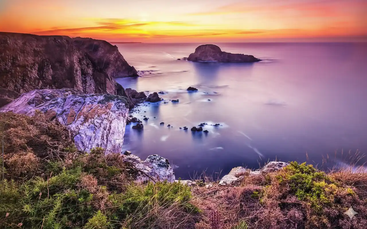  Scenic view of the ocean and mountains from a hilltop, showcasing the natural beauty of the landscape.