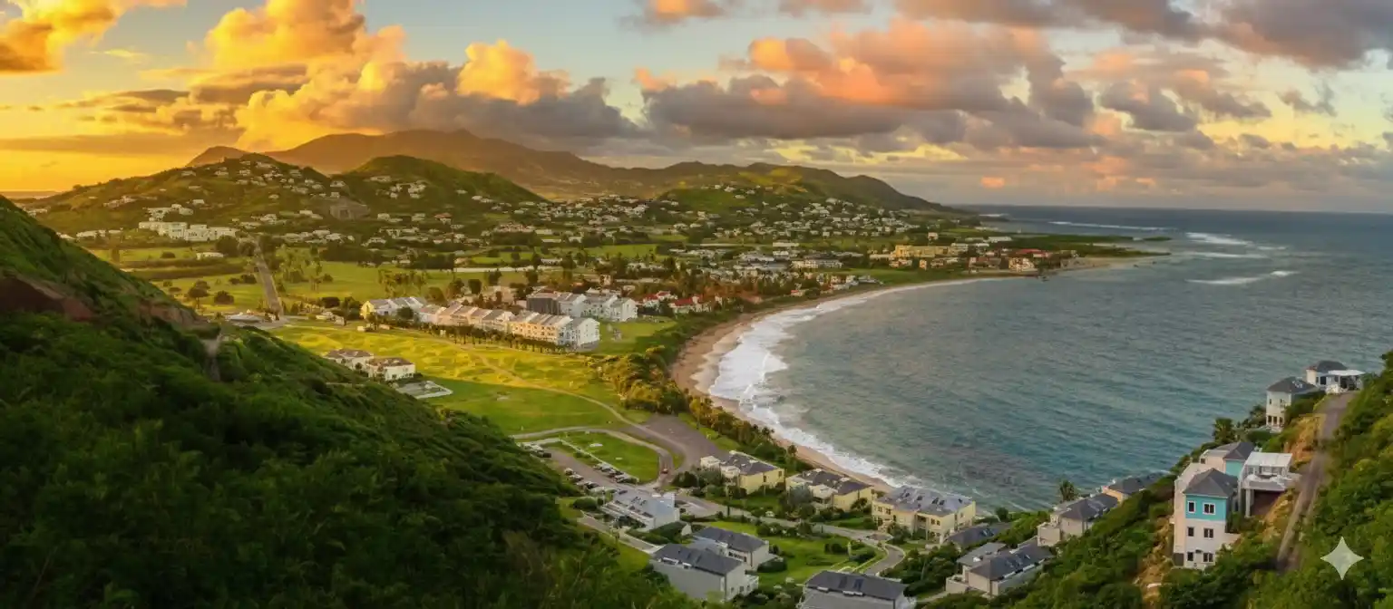  Scenic view of the ocean and mountains from a hilltop, showcasing the natural beauty of the landscape.