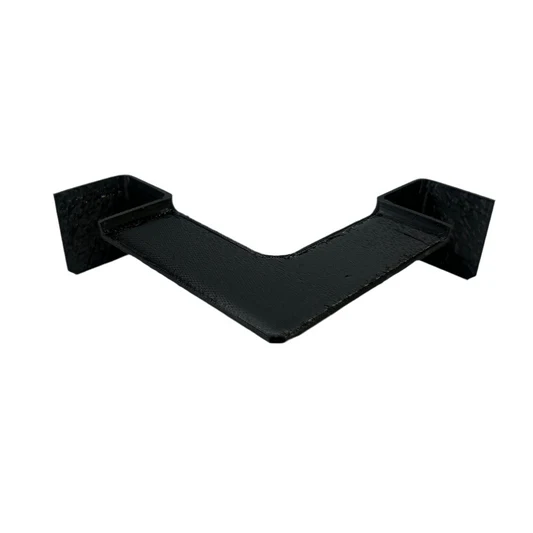 Black metal L-shaped bracket with flanged ends for mounting.