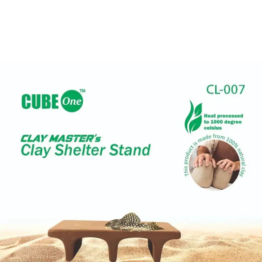 Clay Shelter Stand by CUBE One, heat processed to 1000 degrees Celsius and made from 100% natural clay, shown with a small textured clay object on top.