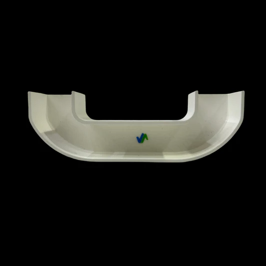 White curved plastic handle with a small blue and green VA logo in the center on a black background.