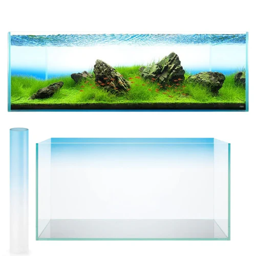 Long rectangular aquarium with green aquatic plants, large rocks, and small orange fish swimming inside; accompanied by an empty rectangular fish tank and a tall, cylindrical filter.