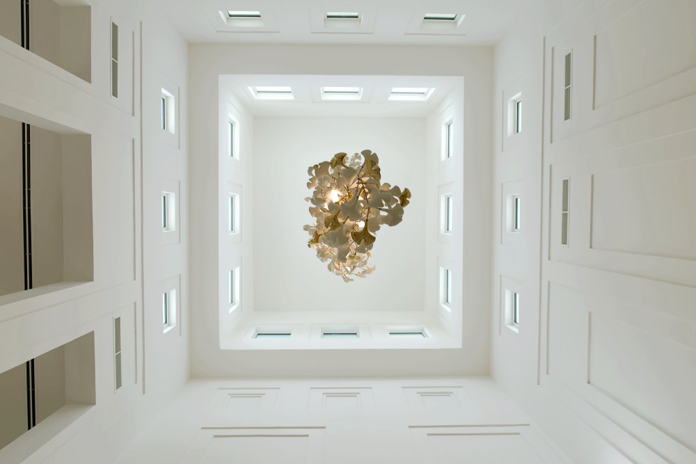 Decorative chandelier ceiling detail in Al Barari luxury villa entrance hall renovation