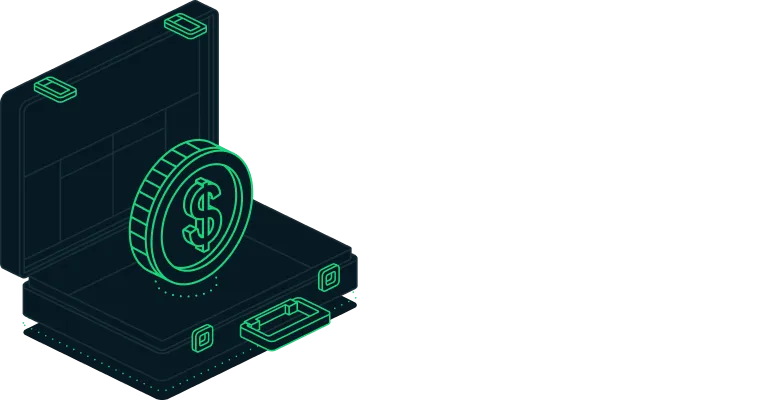 Isometric illustration of an open briefcase with a large coin featuring a dollar symbol inside.