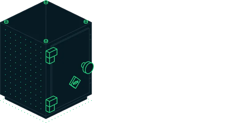 3D illustration of a dark safe with neon green outlines showing handle and lock features.