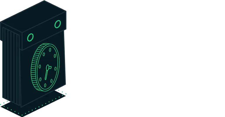 Isometric illustration of a dark-colored clock tower with glowing green clock face and windows.