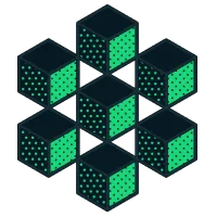 Seven interconnected dark cubes with green faces covered in dots arranged in a hexagonal pattern.