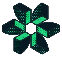 Three-dimensional geometric star shape composed of green and black perforated blocks.