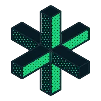 Three-dimensional asterisk shape with teal and dark blue colors and dotted patterns.