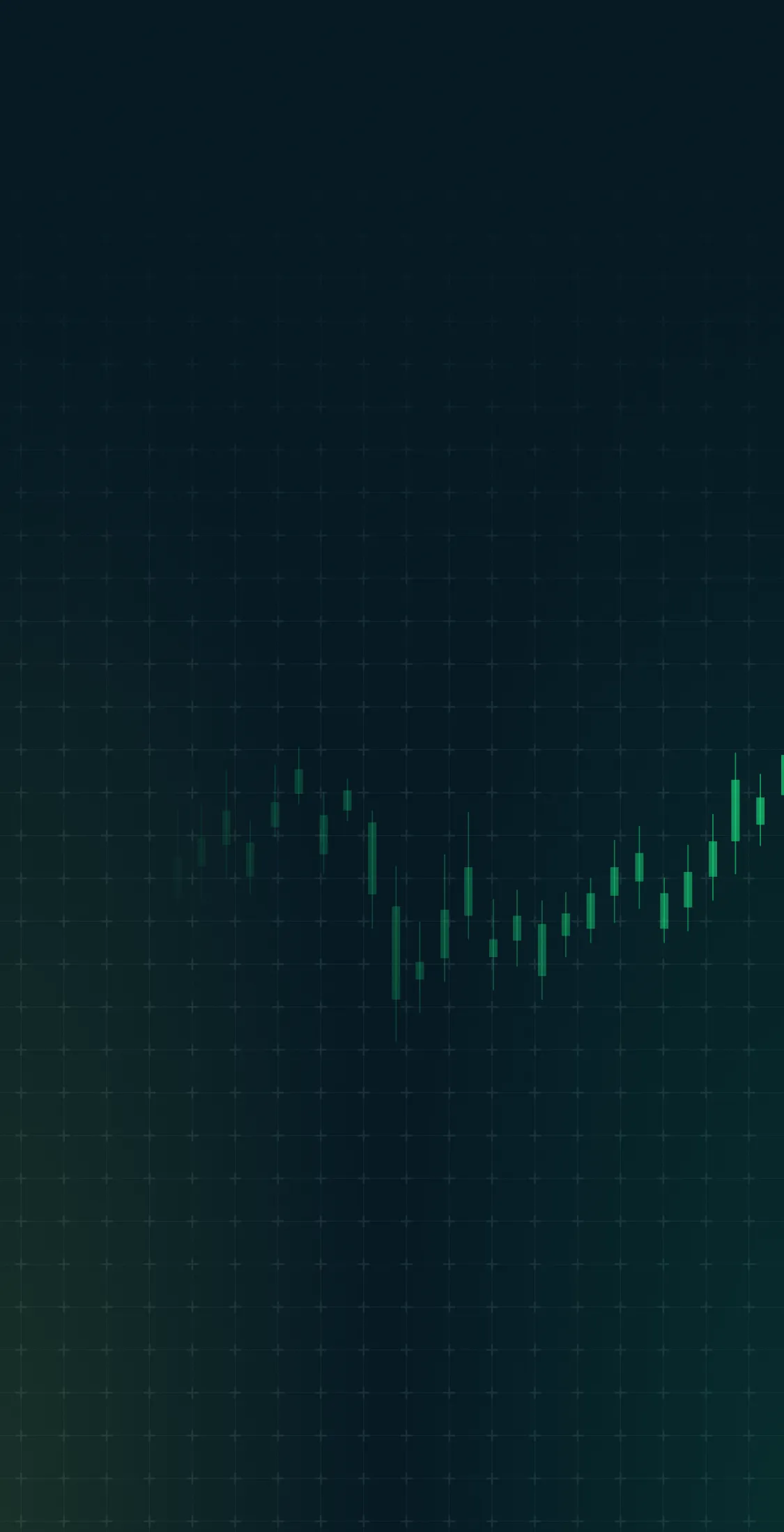 Green candlestick chart pattern on a dark grid background showing upward and downward price movements.