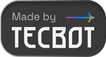 Gray rounded rectangle with the text 'Made by TECBOT' and a small colorful arrow pointing right.