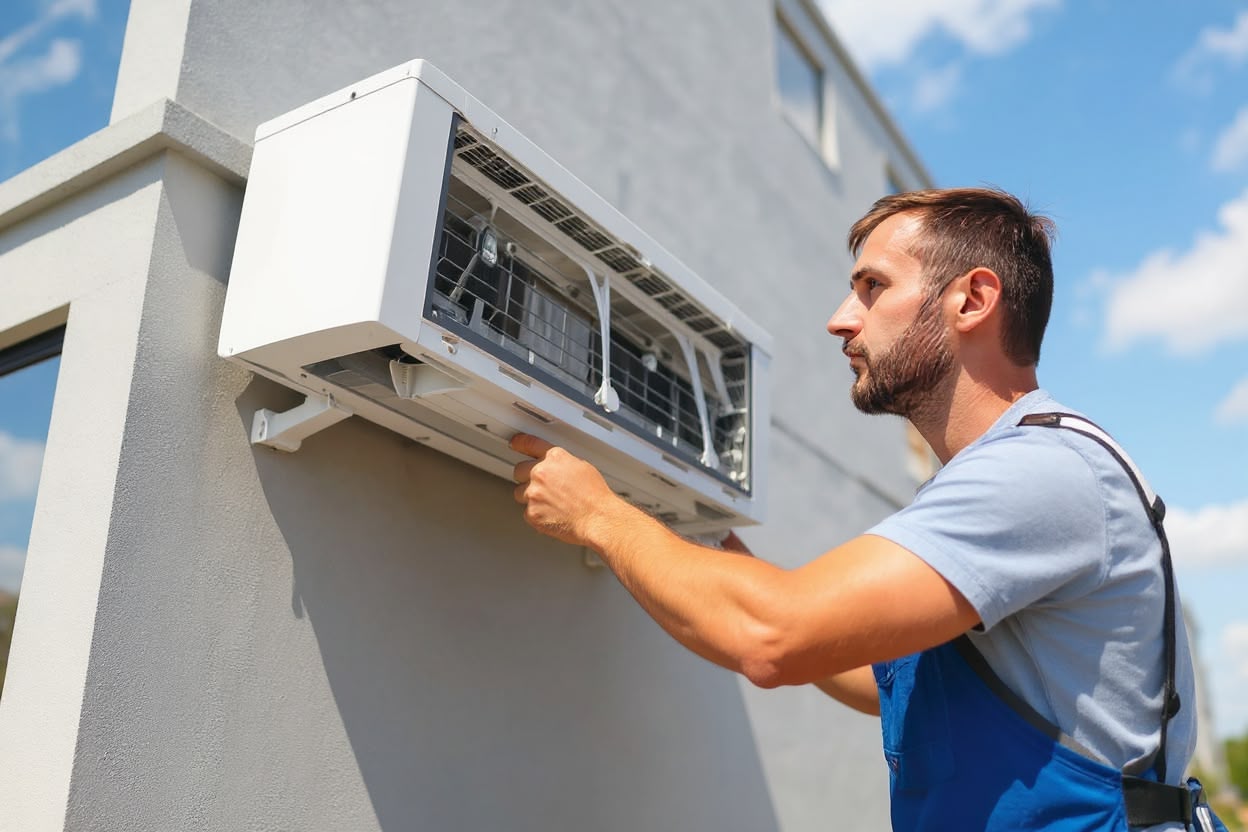 Technician installing a modern heat pump system in a home, providing efficient heating and cooling for all seasons