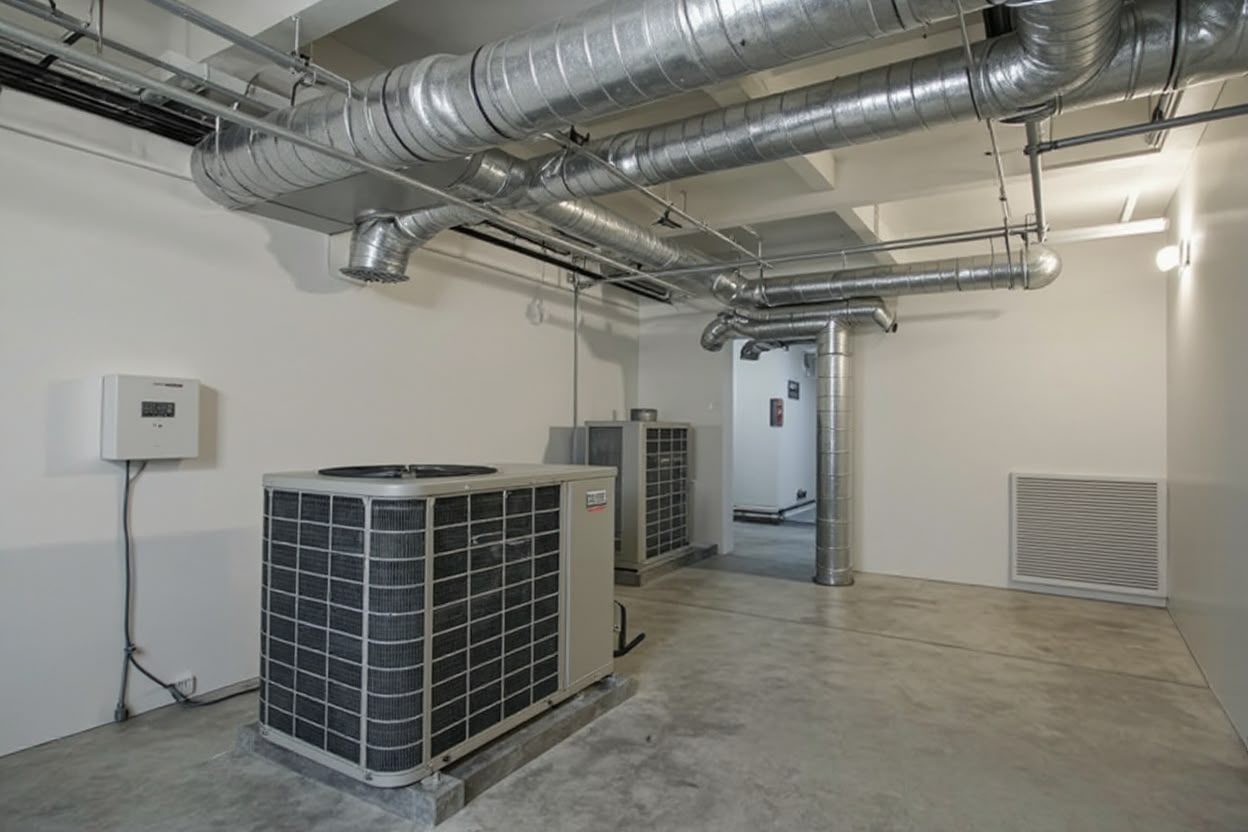 HVAC technician winterizing an outdoor AC condenser unit, shielding it before snow and cold weather arrives