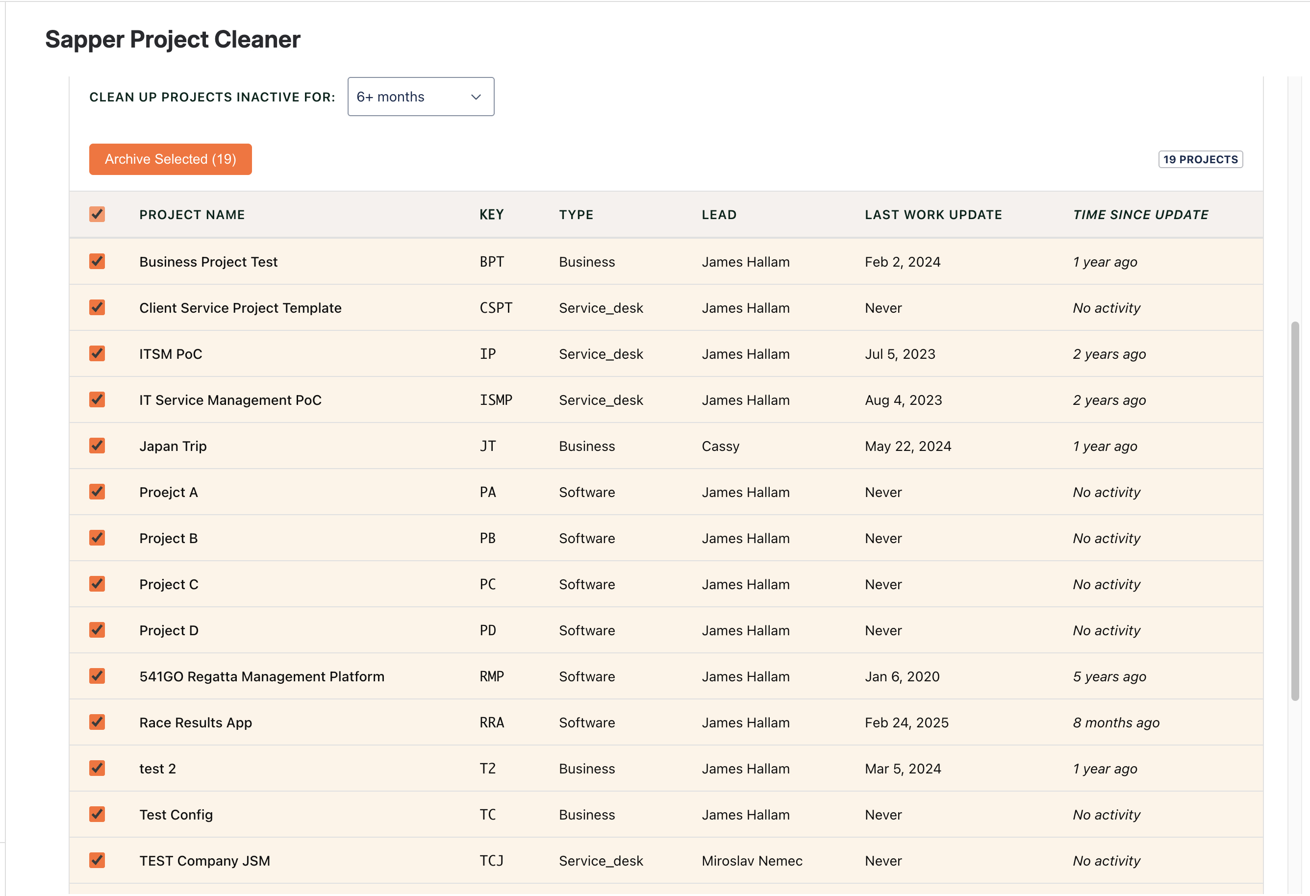 Sapper Project Cleaner app screen showing bulk archive of inactive Jira projects with an inactivity filter