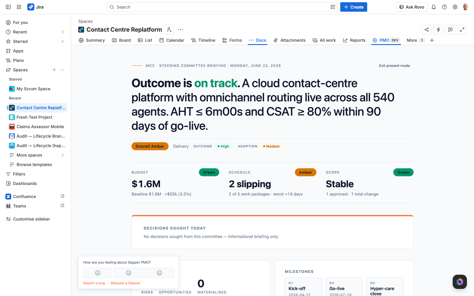 Sapper PMO Steerco One-Pager — present from the dashboard