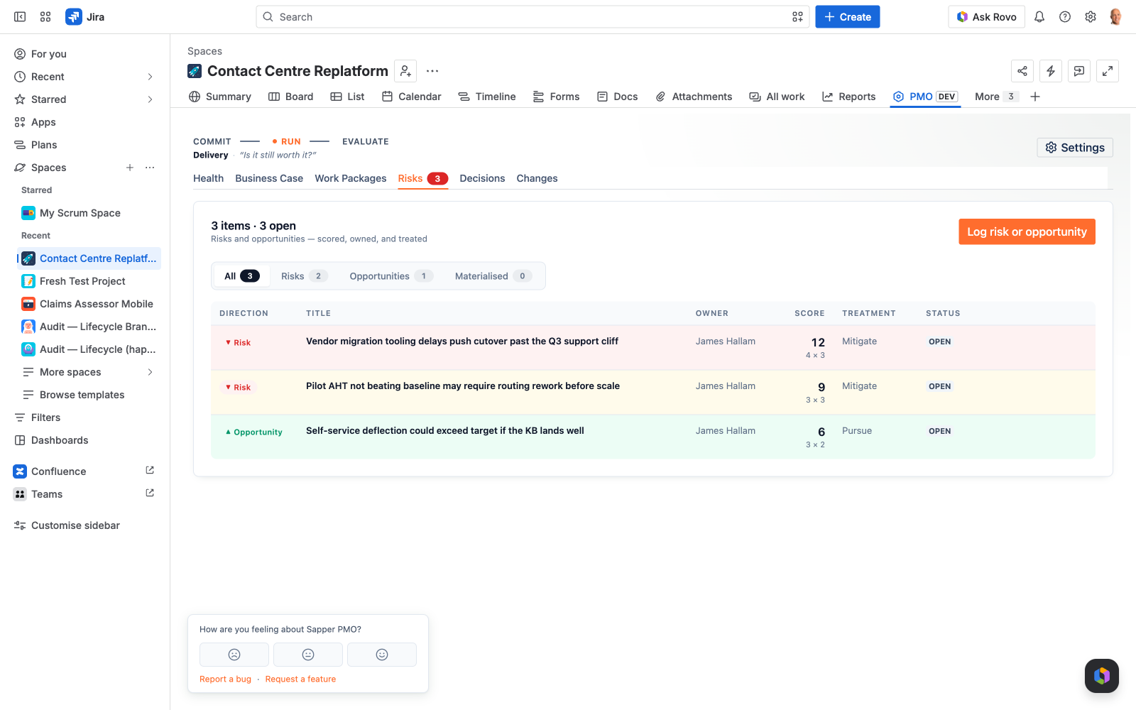 Sapper PMO Risks register — threat, opportunity and materialised, scored by impact x likelihood