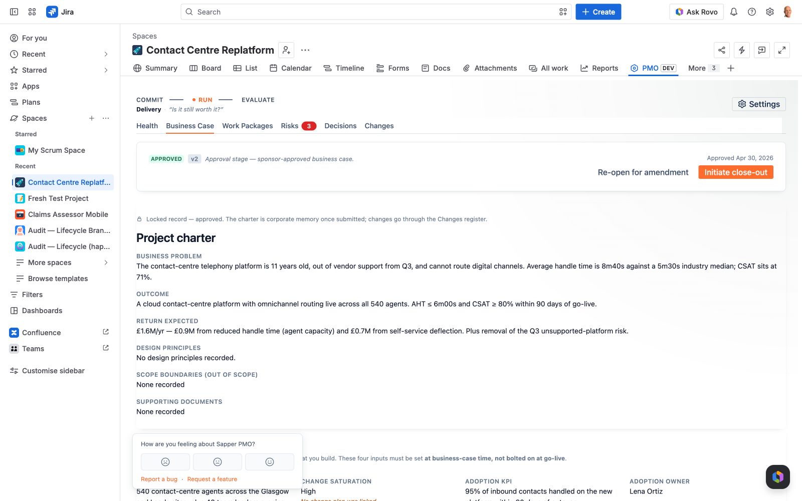Sapper PMO Business Case — business problem, outcome, return expected and named sponsor