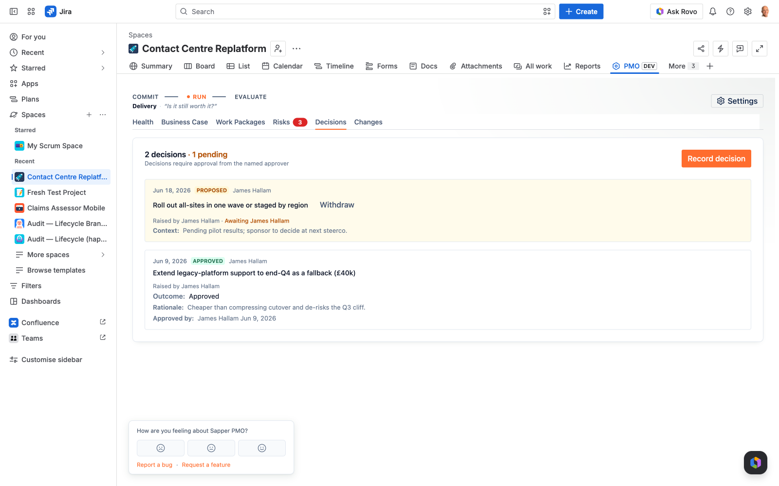 Sapper PMO Decisions log — append-only corporate memory