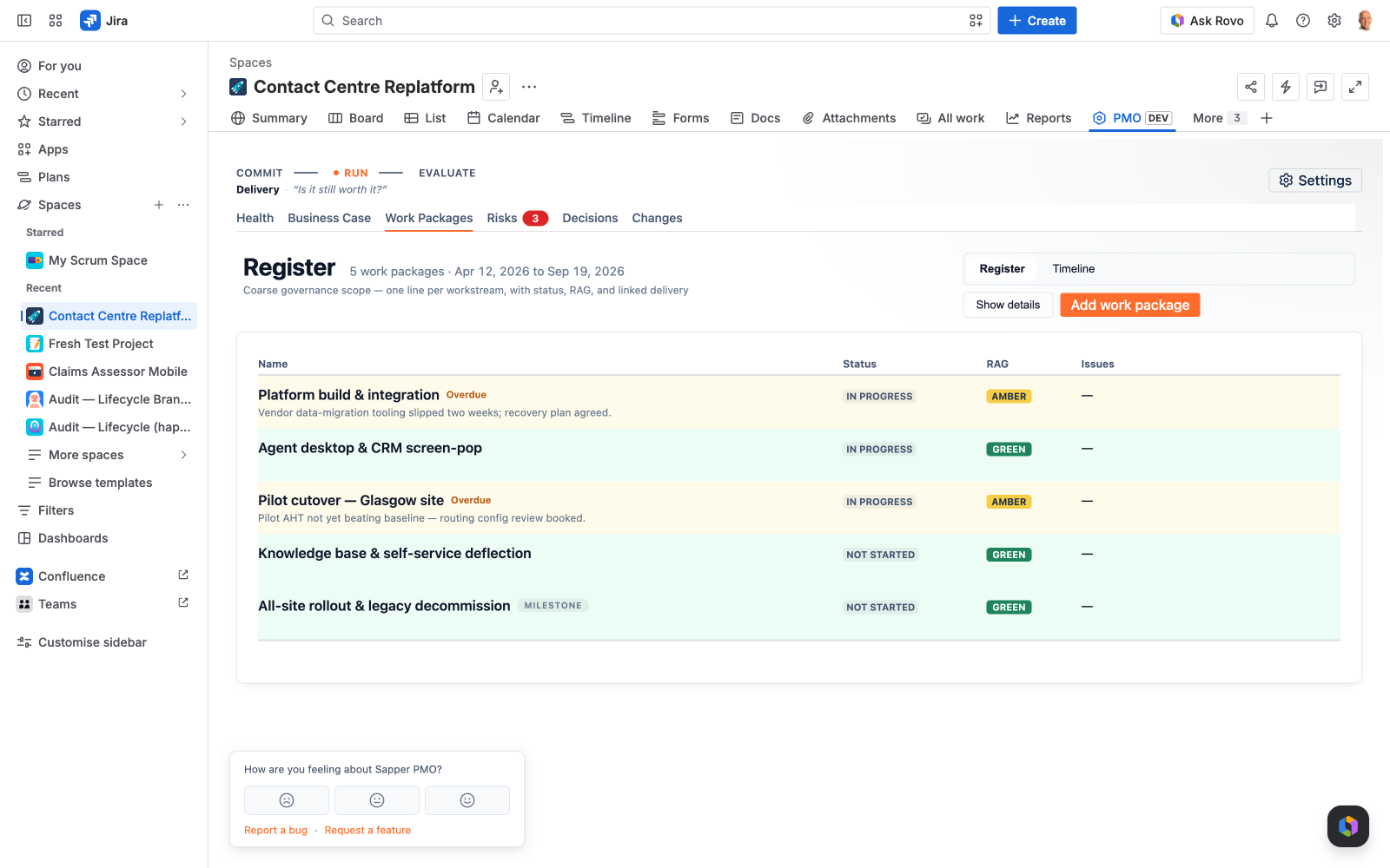 Sapper PMO Work Packages register — baseline, forecast, actual, RAG and owner