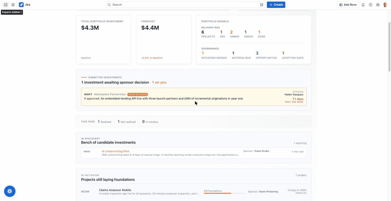 Tollgate Investment Health dashboard in Jira — the six tabs and derived RAGs