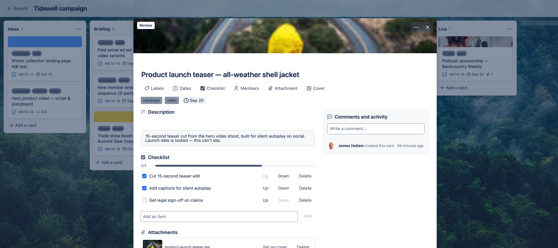 Glanceable Boards card back — checklist, attachments and Jira comments on a campaign card