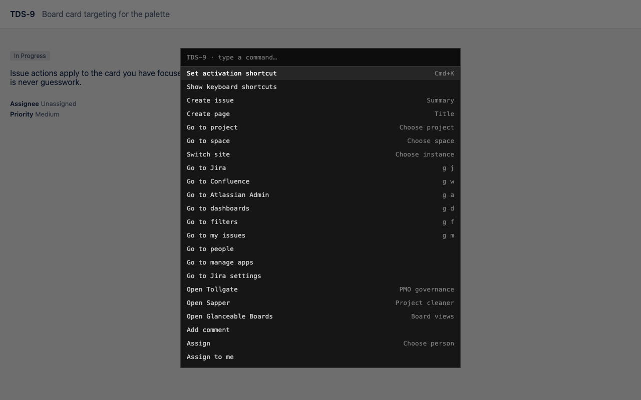 Hotkeys for Jira action palette on a Jira issue