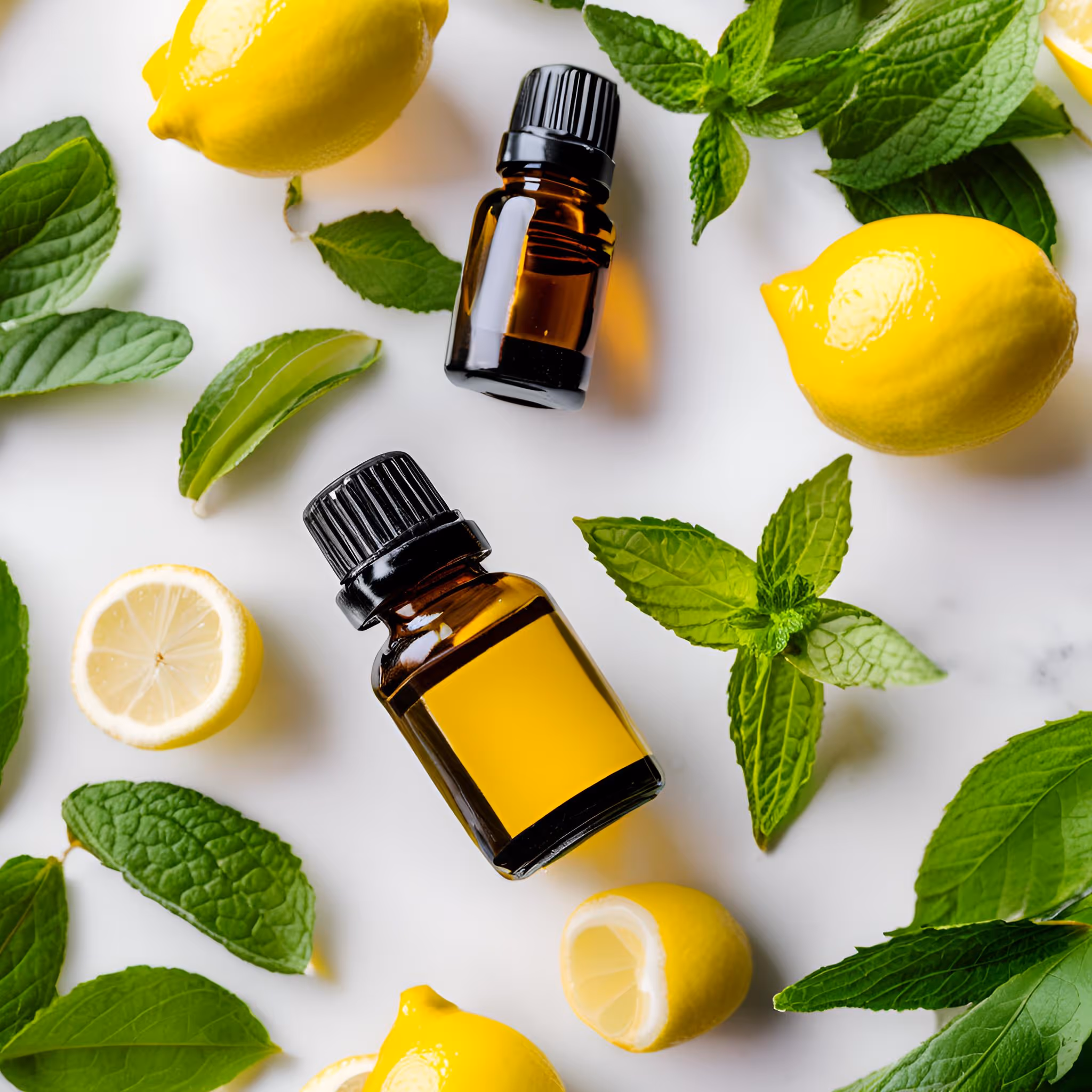 Lemons, mint leaves, and amber glass bottles arranged neatly on a bright surface