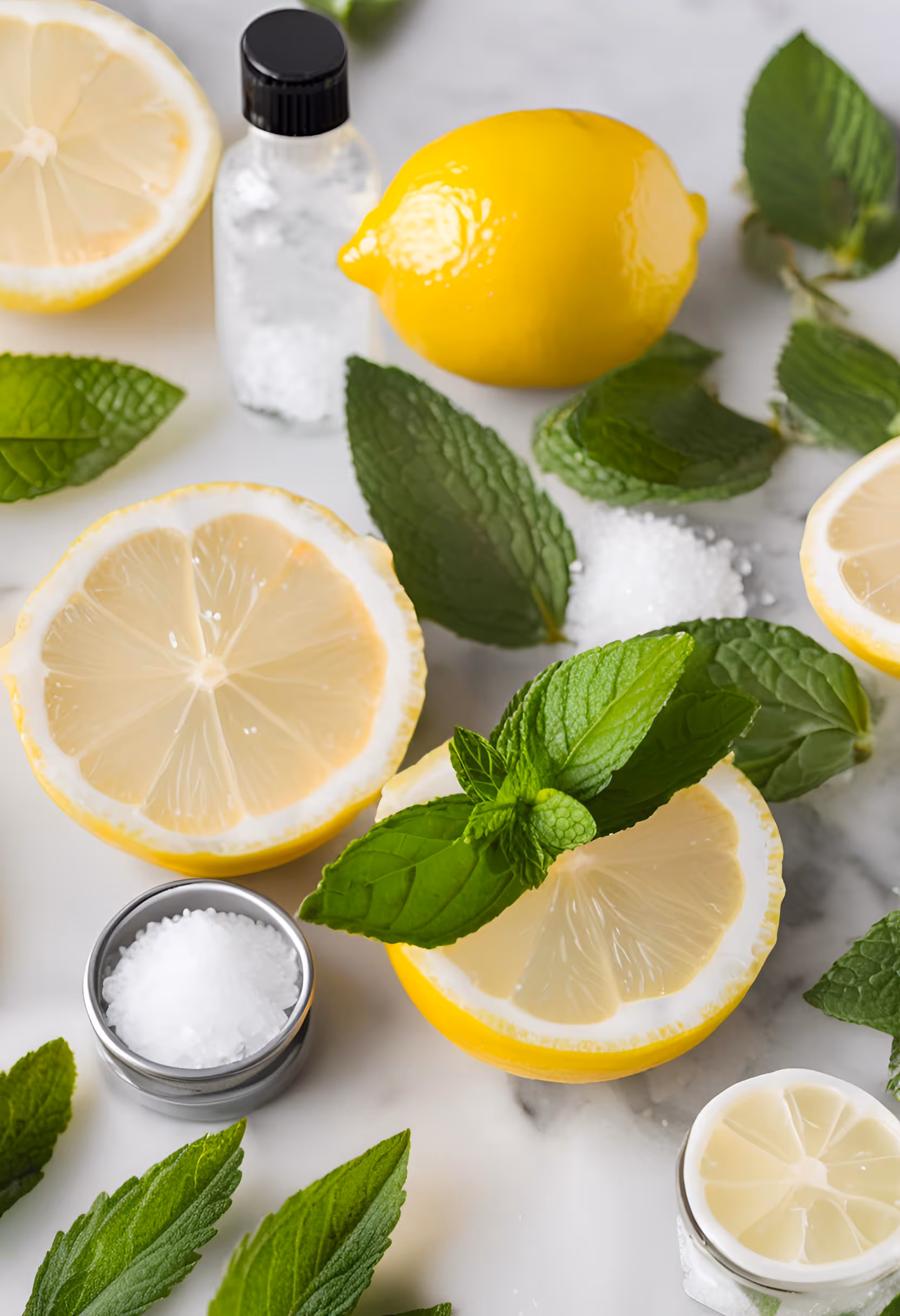 Lemon slices with mint leaves and small glass containers on a white background