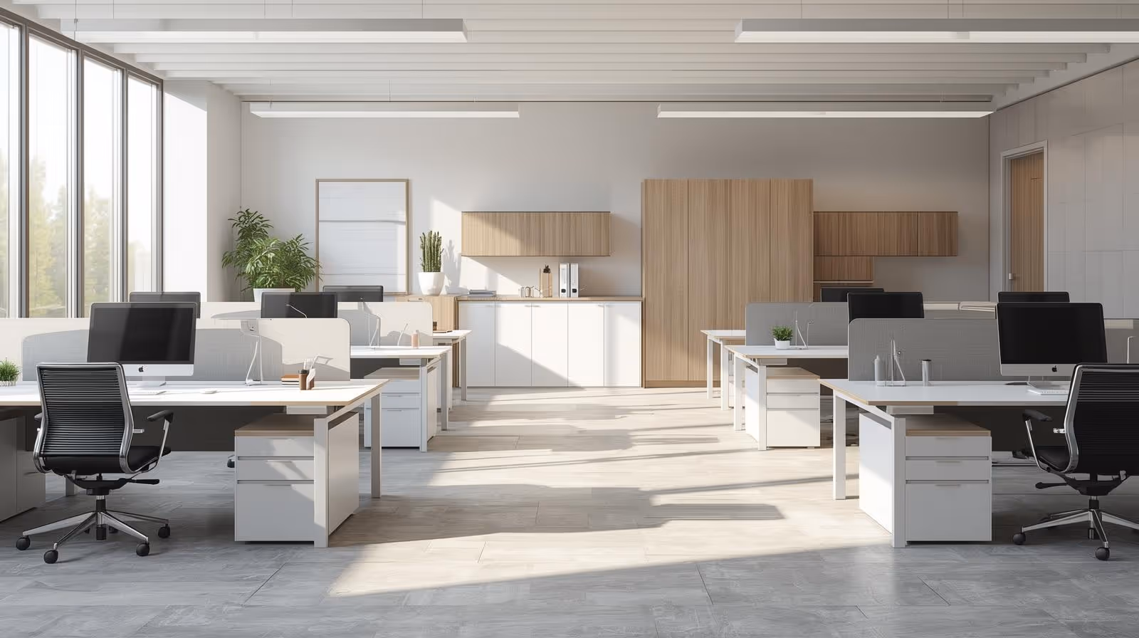 Modern commercial office interior with workstations and polished floors following scheduled cleaning