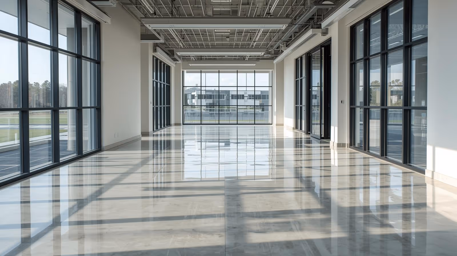 Commercial building corridor with polished floors and glass walls after post-construction cleaning