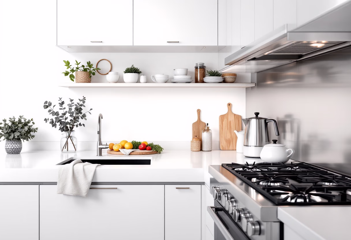 Clean residential kitchen with gas stove, white cabinetry, and organized countertops