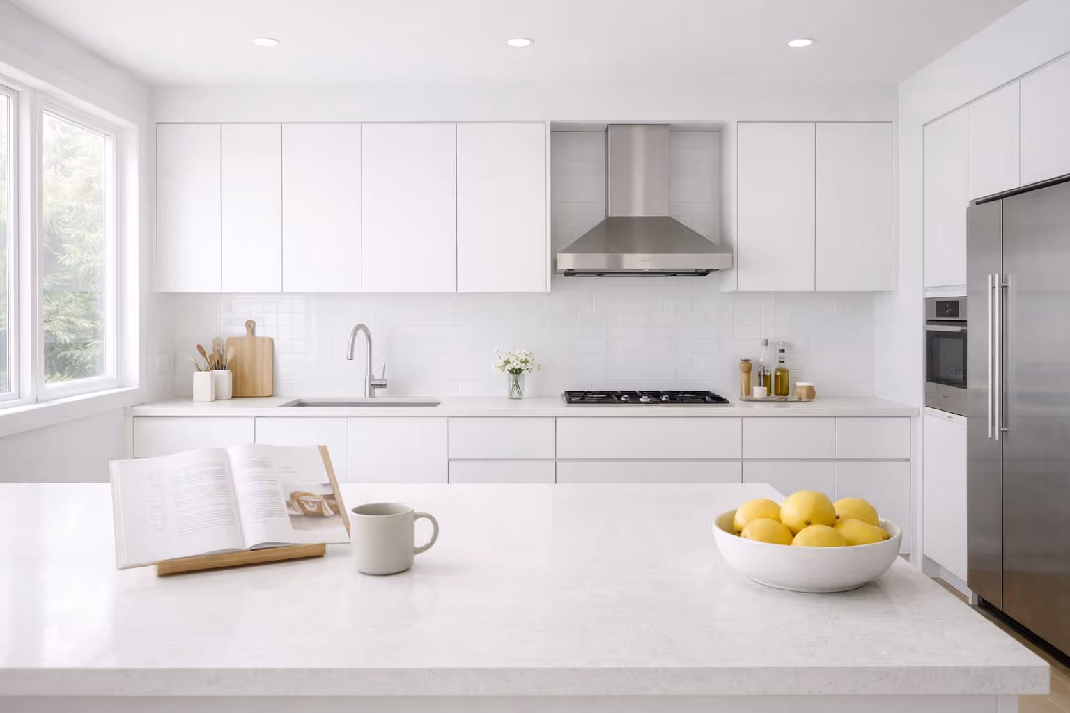 Bright kitchen with white cabinets, clean countertops, and small decorative accents