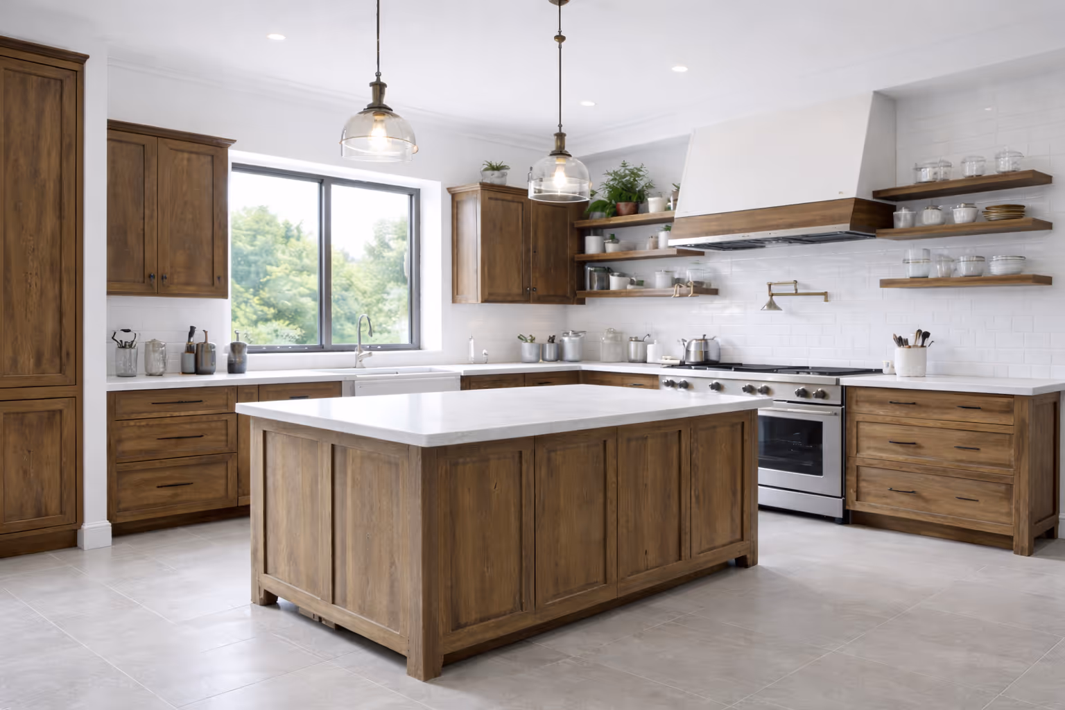 Contemporary kitchen with wood cabinetry, white countertops, and center island in a finished home

