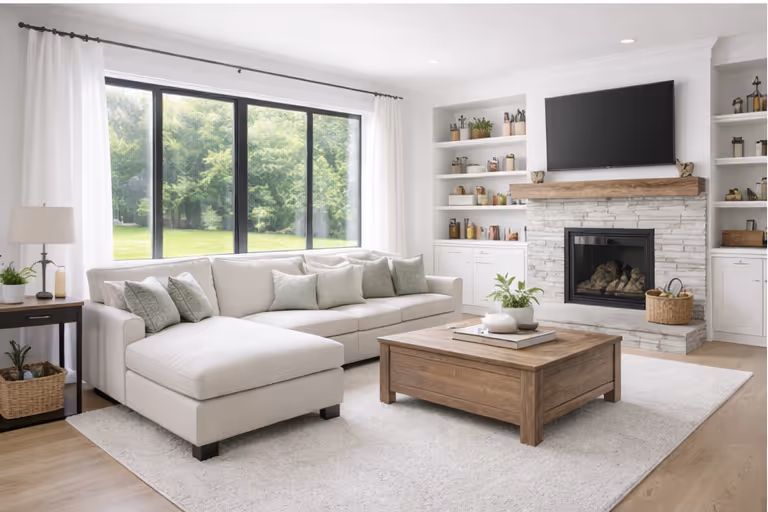 Modern living area with sectional sofa, coffee table, and built-in shelving, freshly cleaned
