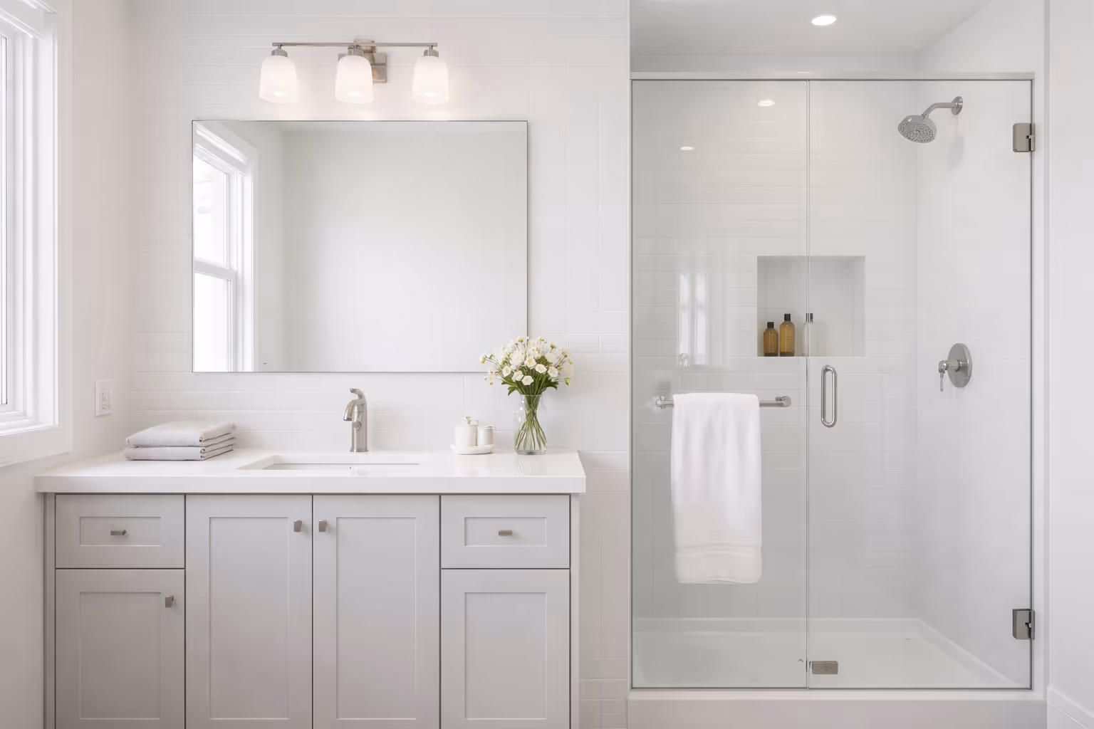 White bathroom with double-sink vanity, large mirror, and glass-enclosed shower, staged and spotless
