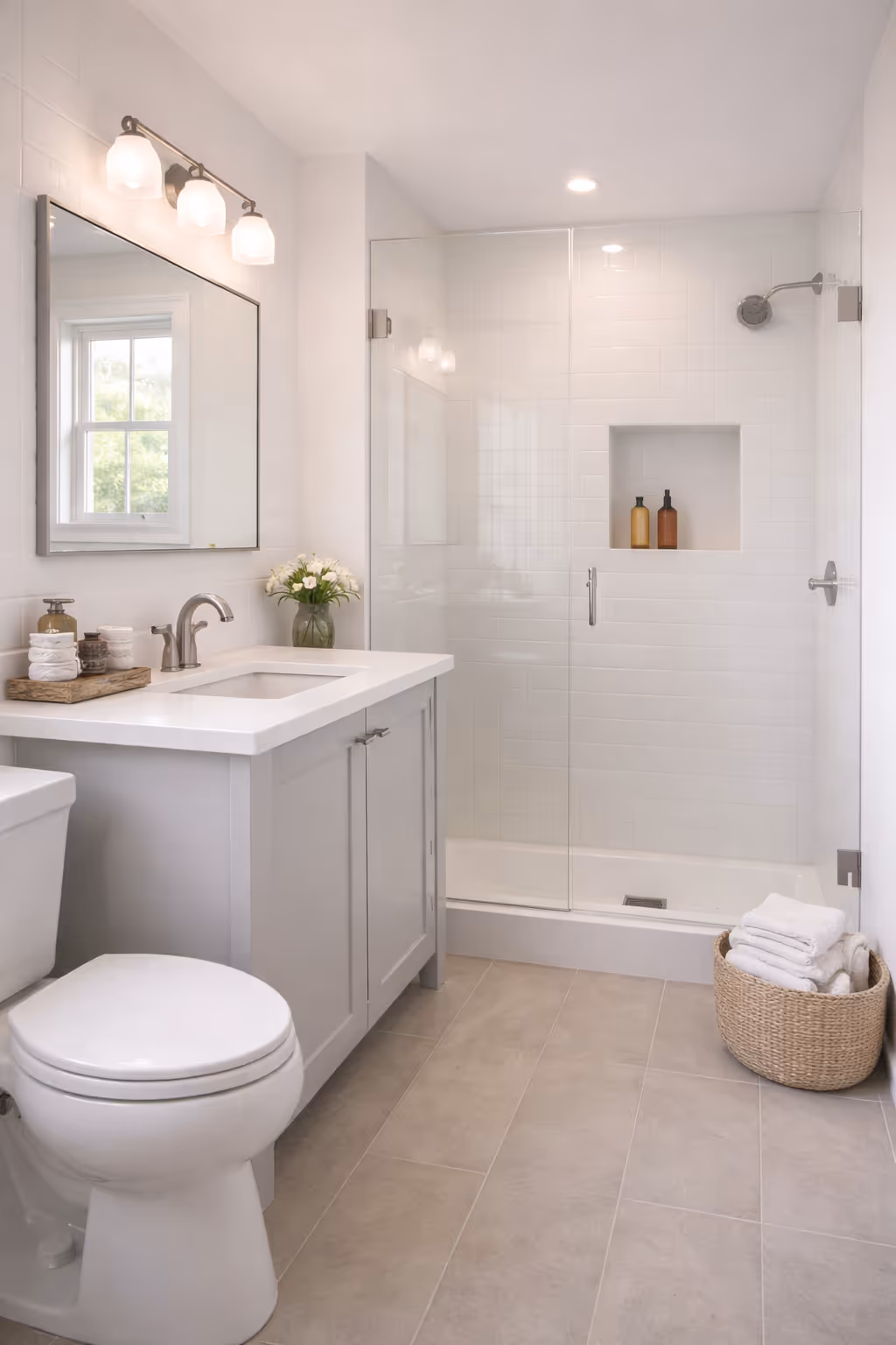 Bright residential bathroom with vanity, toilet, and walk-in shower, freshly cleaned and well lit