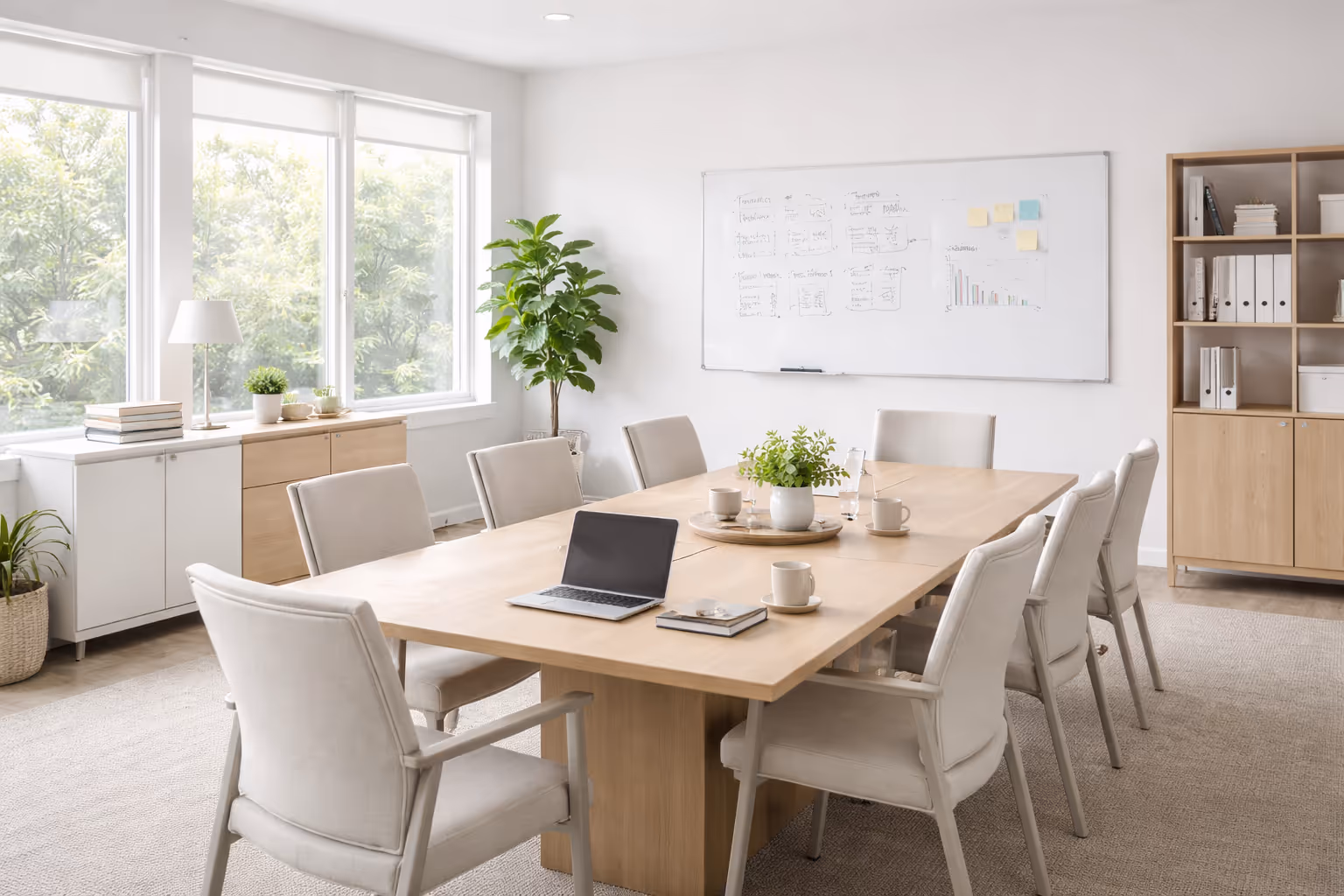 Clean professional office space with desks, chairs, and natural light after commercial cleaning