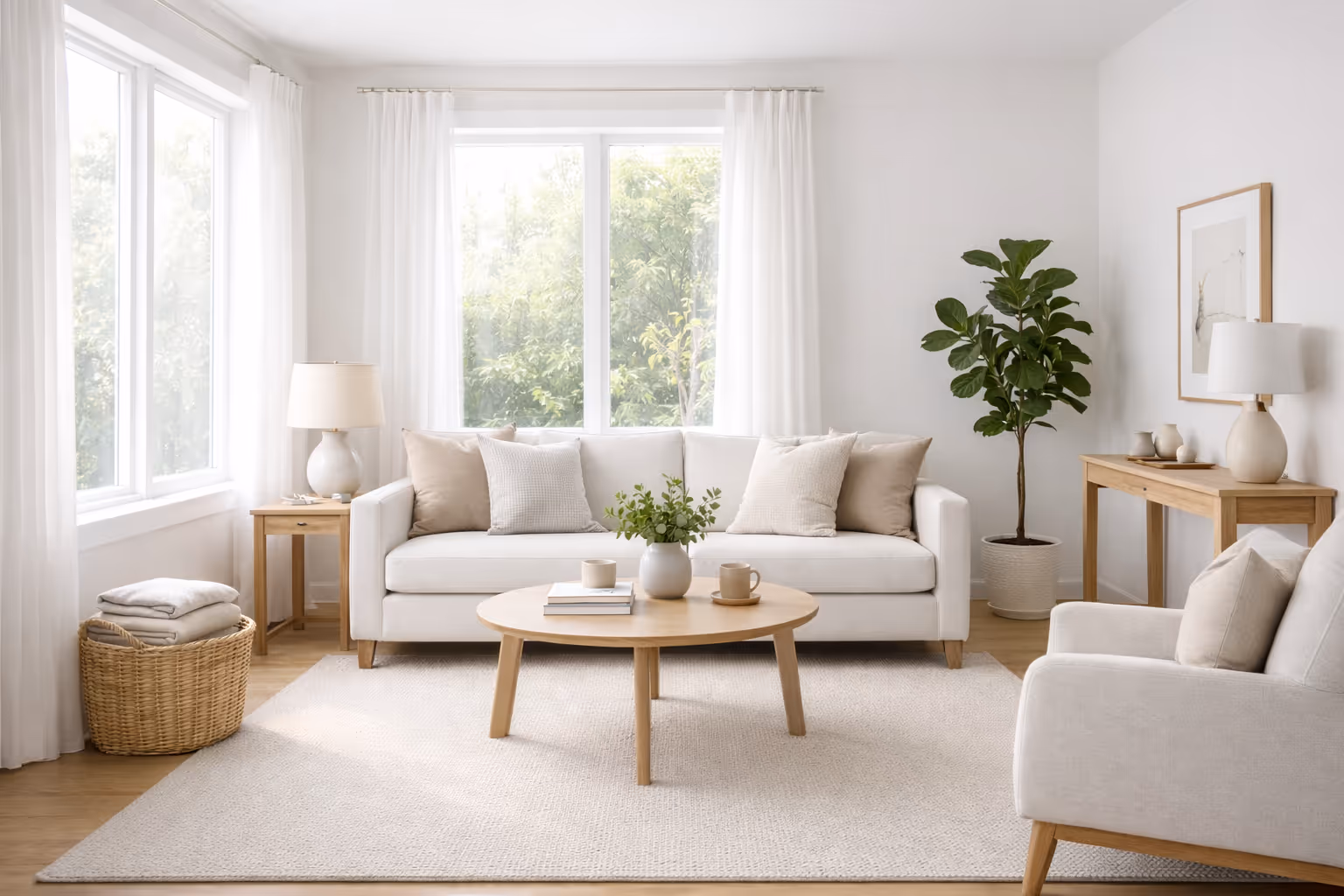 Bright living room with neutral furniture, clean floors, and natural daylight through large windows