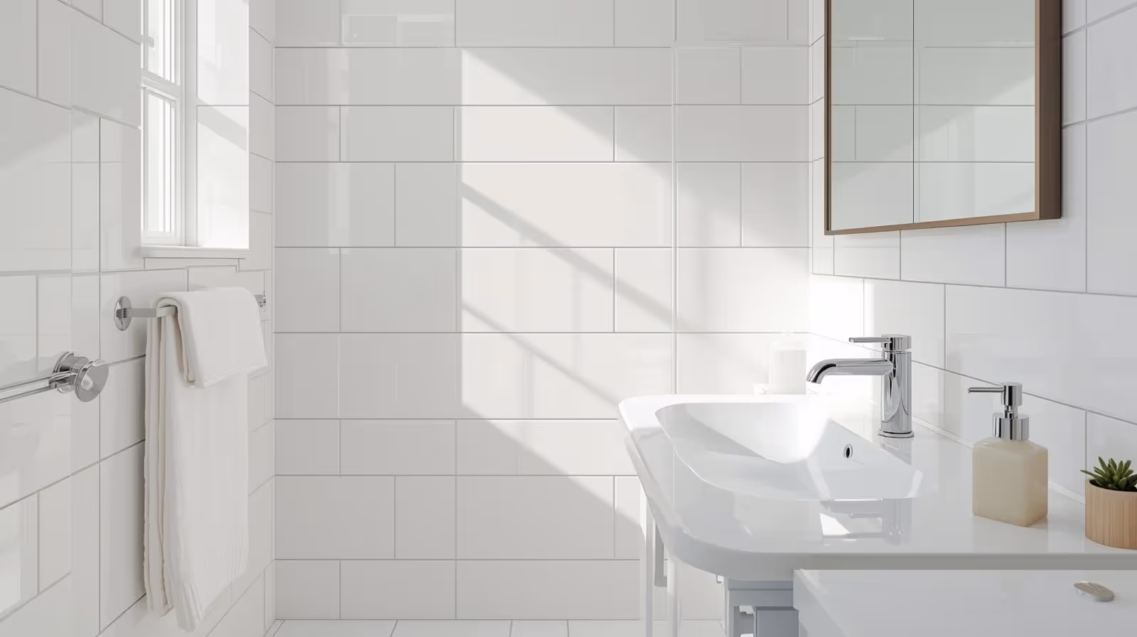 Clean, modern bathroom with white tile walls, wall-mounted sink, mirror, and minimal fixtures
