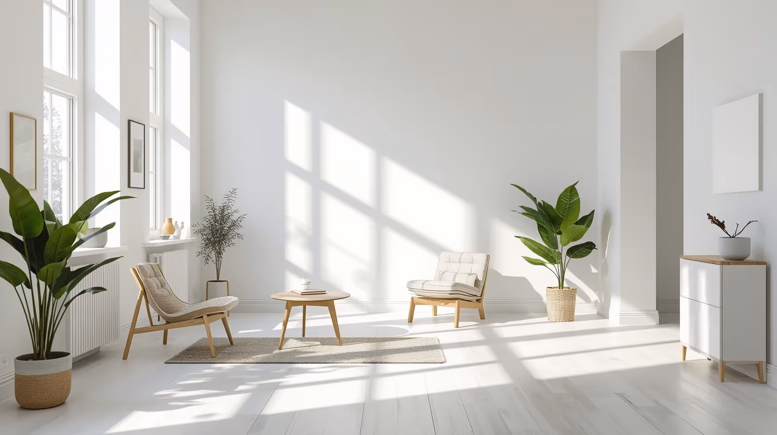 Bright, staged living room prepared for real estate listing, with natural light, clean floors, and minimal furnishings