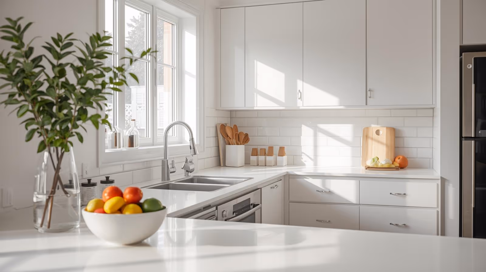 Bright residential kitchen with white cabinets, clean countertops, and a bowl of fruit in natural light