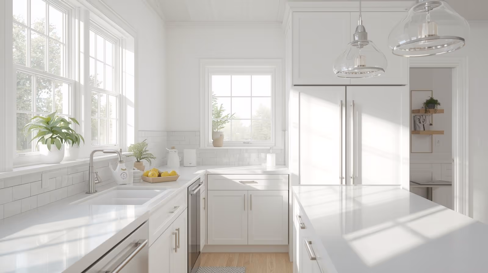 Minimalist white kitchen with large island, pendant lighting, and clean surfaces
