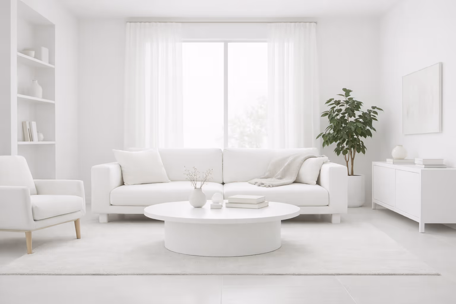 Bright, minimal living room with clean surfaces, natural light, and simple furnishings
