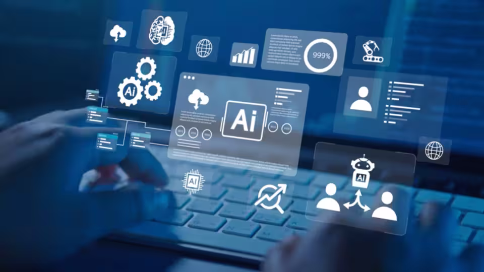 Hands typing on a laptop keyboard with floating digital icons illustrating AI technology and data analytics for project management and assurance technology.