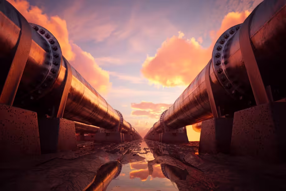 Two large industrial pipelines extending toward a sunset sky with clouds, reflected in a wet, muddy ground between them.