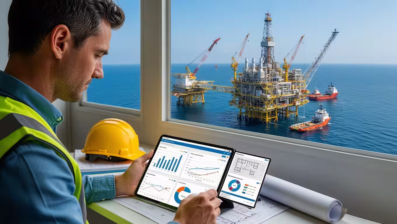 Project Assurance Engineer in safety vest analyzing data charts on a tablet inside a control room overlooking an offshore oil rig with supply boats nearby.