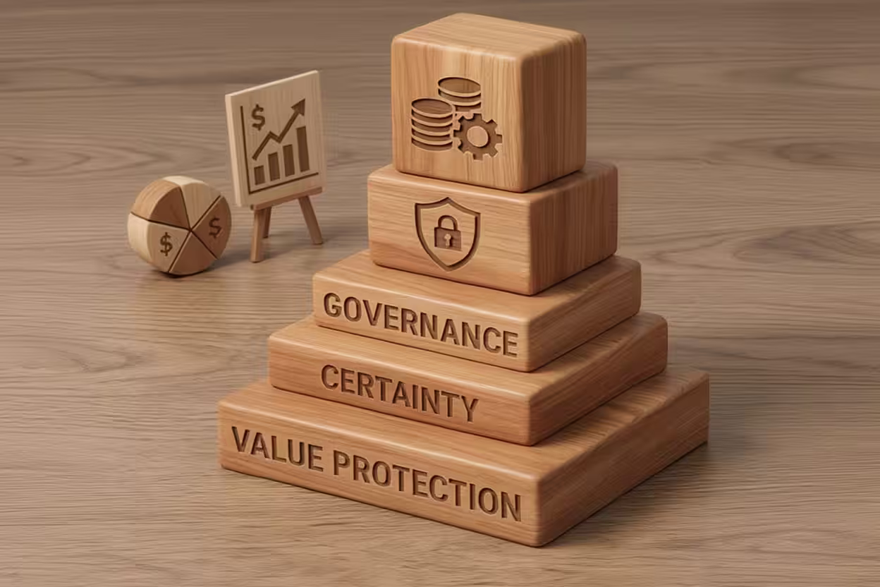 Stacked wooden blocks labeled Value Protection, Certainty, and Governance with icons of coins and a lock, next to wooden financial chart and pie chart models.