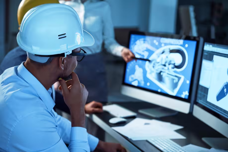 Project Assurance Engineer wearing a white helmet reviewing anatomical brain images on computer screens with a colleague pointing at one display.