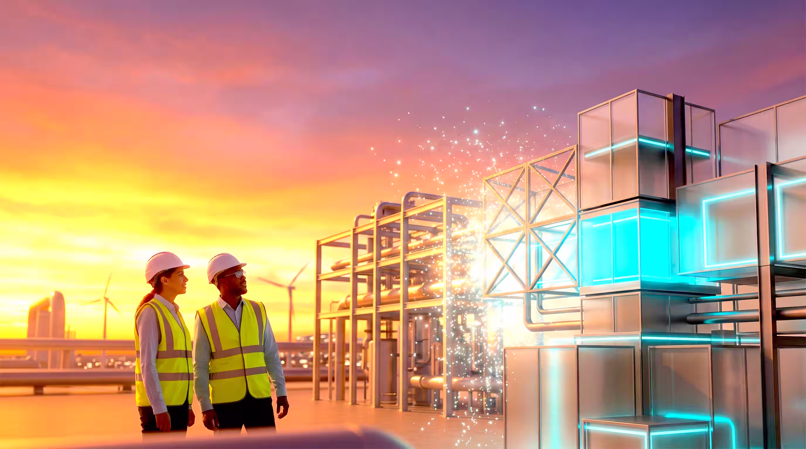 Two project assurance engineers in helmets and vests observe glowing futuristic industrial machinery at sunset with wind turbines, depicting AI transformation readiness for the energy minerals and resources industry.